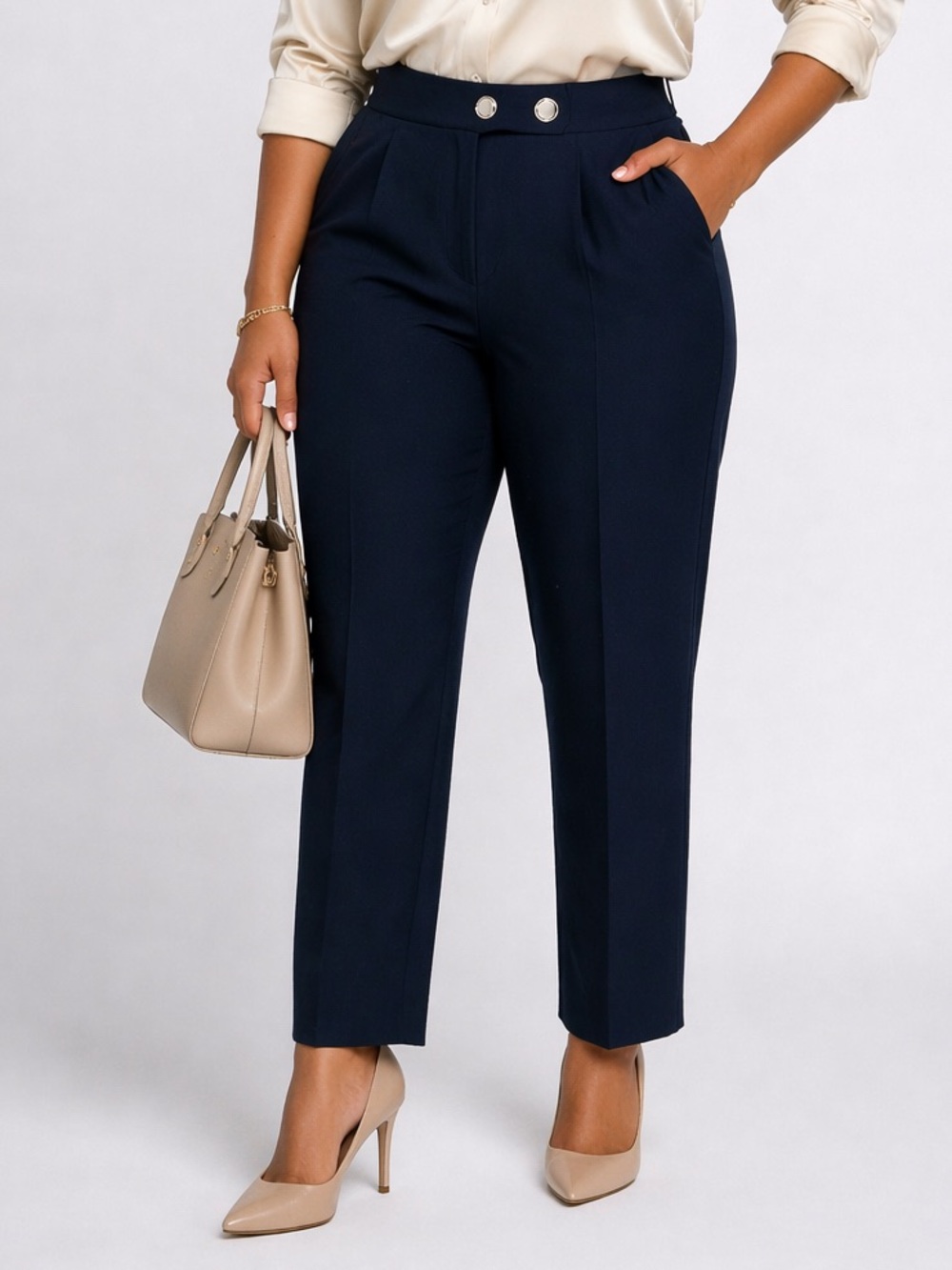 Zara High Waist Ankle Trousers Navy Tailored Relaxed Fit Pants Large Buttons